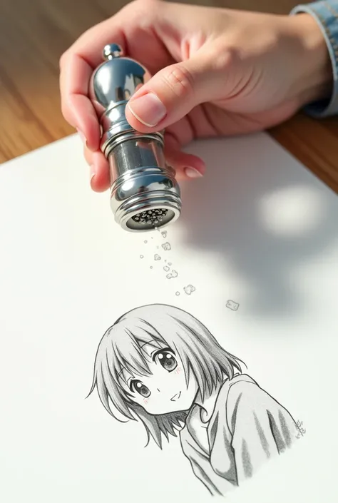 Hand holding a salt shaker and scattering it on a sheet drawn as an anime with a pencil