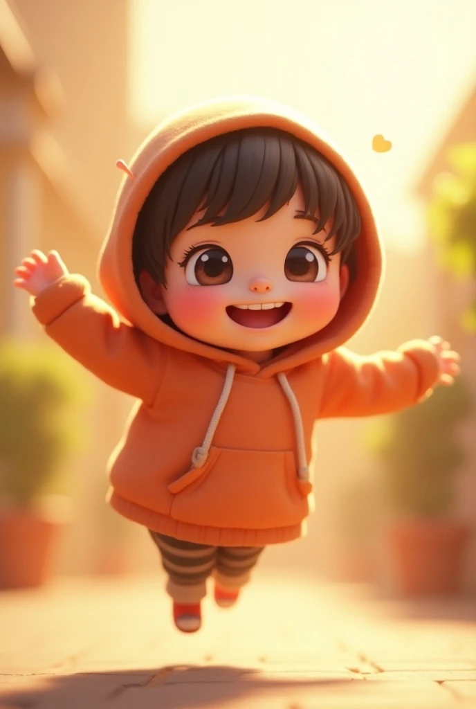 pixarstyle anime baby cute girl little character déformer 3D heart secure I feel very fulfilled I feel happy illumination Jumping happily daytime oversized hoodie