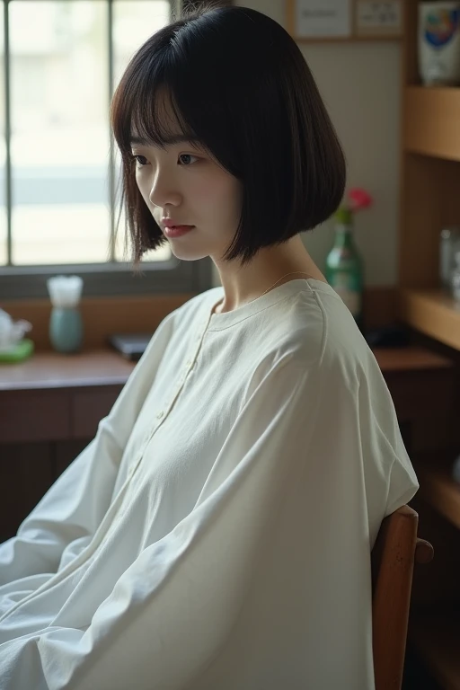 (Best Quality,4K,8k, high definition,masterpiece:1.2), very detailed,(Realistic,photoRealistic,photo-Realistic:1.37),Japanese women in their 20s, full body、 sitting on a haircut chair 、Sitting with knees apart、 textured straight short bowl-cut hair wearing...