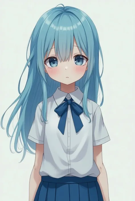  girl、Young face and saggy eyes 、The hair is bright light blue and the hair is longer than the shoulders、 straight hair 、, the height is about 135 cm 、 the eyes are blue like a ruri 、My chest is small and smaller than an A cup 、Wearing a short-sleeved whit...