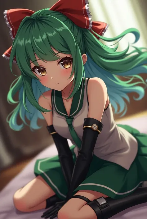 score_9, score_8_up, score_7_up, source_anime,
sayominakami, sayo minakami, long hair, brown eyes, bow, hair bow, green hair,
skirt, gloves, boots, elbow gloves, magical girl, blue gloves,
indoors, bed, bed room, on side, blush, drunk,
looking at viewer, d...