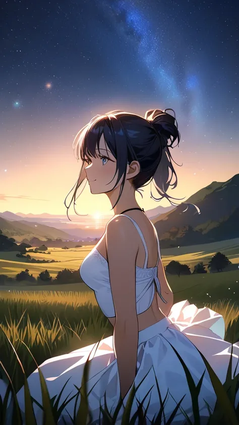 1 girl, (Adorable smile),  Medium Hair Ponytail, Bare top, hipbone skirt,  medium chest,  Staring at the Stars ,  Pottery Skin , 期待に満ちた表情
break,  Bright Starry Sky , (Fantastic Light:1.4), Bright Star々,  enchanting atmosphere ,  
break, Beautiful grassland...