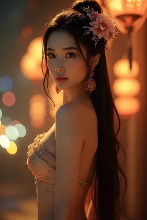 Score_9, score_8_up, score_7_up, A stunning masterpiece! an ancient oriental beauty supermodel, stands solo against a hint of night cityscape in the background. Her long, dark hair cascades down her back, adorned with flowers and delicate hair accessories....