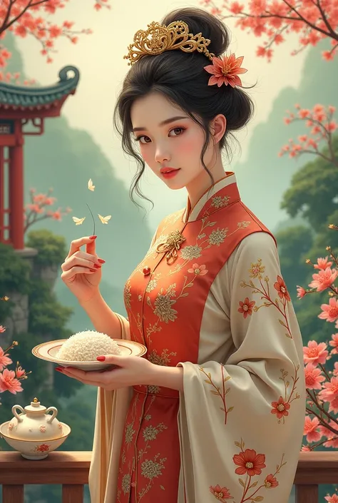 IP image design，girl， rice dumplings in a cheongsam，Wear a ginseng crown ， with a herbal compendium in hand 
