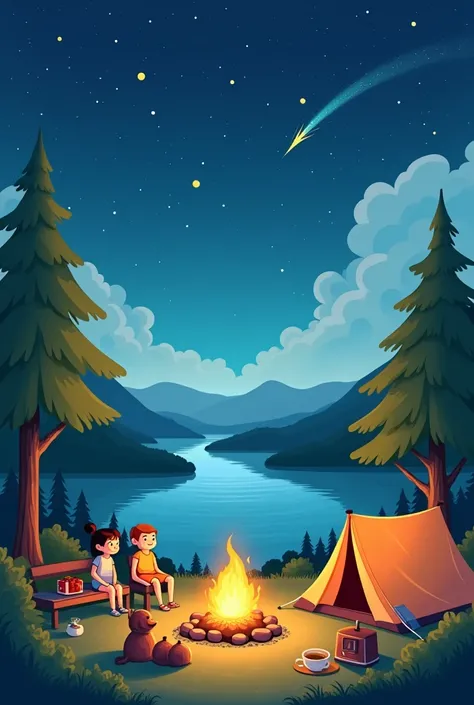 Camping side near the lake with clear sky cartoon 

