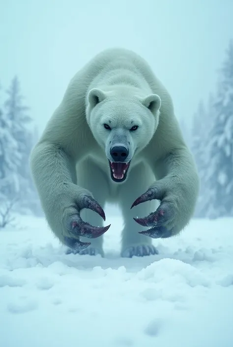  Generate an image of a crab and a polar bear merged with the crabs paws and eyes on the polar bears body, realistically in the snow , generating a terrifying and ferocious vertical animal 