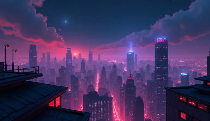 Illuminated city from above, clouds and big sky, night, from rooftops of buildings, red and purple neon lights in background, retro, retrowave style,