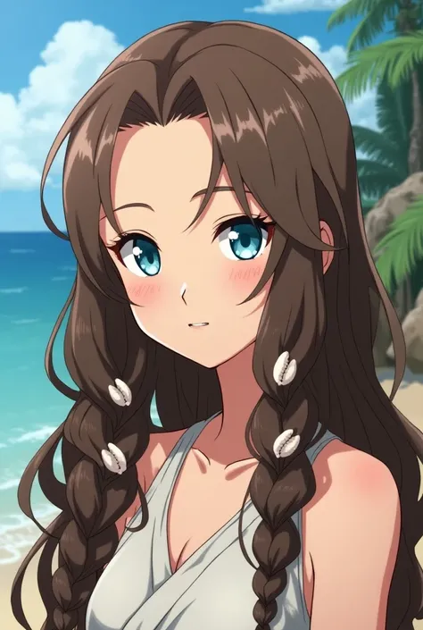 Female adolescent character ,  in the style of the anime Naruto ,  long brown wavy hair ,  with small braids with seashells, crystal blue eyes , parts