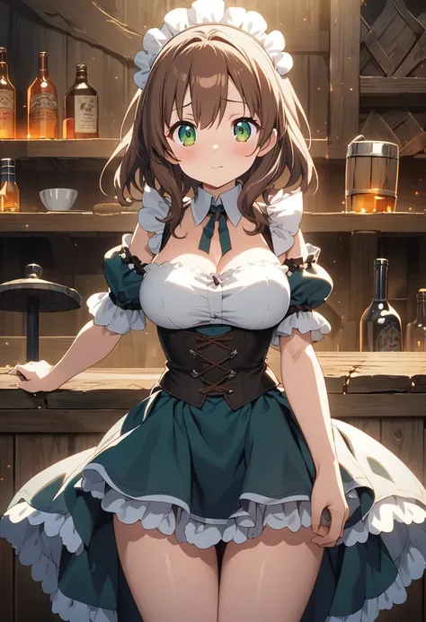 innocent, beautiful anime girl who works in a tavern as a bar maid, wearing sensible clothing, brown hair, green eyes, medieval ...