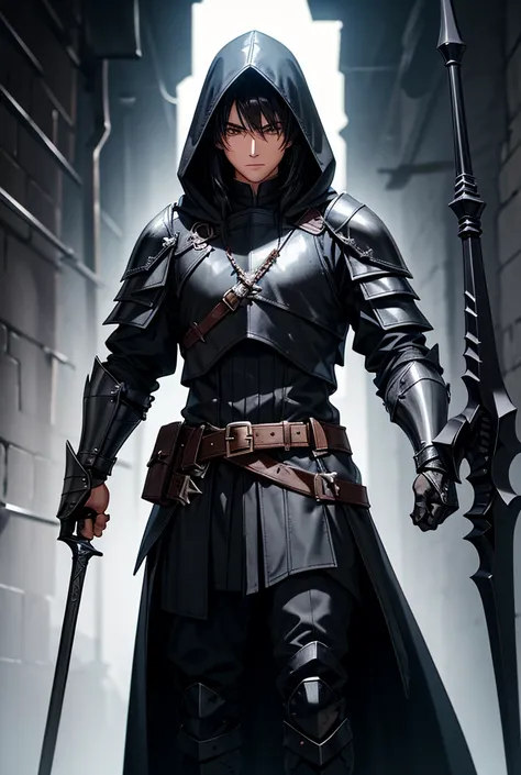  Creates a black-haired young man , Hooded Paladin ,  travel bag and basic black armor,  with two small sickles in both hands. With a ,  all in a very dark medieval environment 