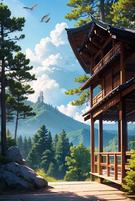 Beautiful forest mountain, wooden japanese fighting dojo, birds in the sky, sunny day, clouds, forest trees