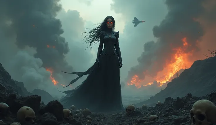 a powerful girl with a dark aura with glowing eyes and a crazy smile in black closed armor watches the ashes of the world, dusk and smoke everywhere, bones and skulls on the ground,  in the sky starships , a black aura flows around the figure