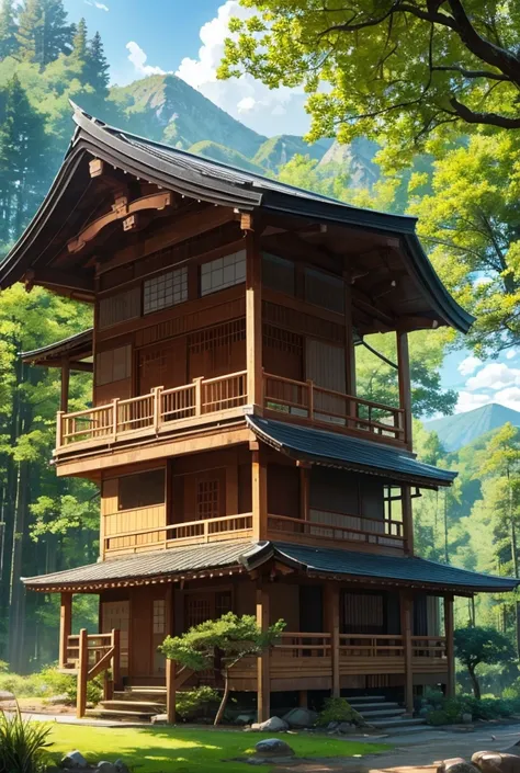 Beautiful forest mountain, wooden japanese fighting dojo, birds in the sky, sunny day, clouds, forest trees