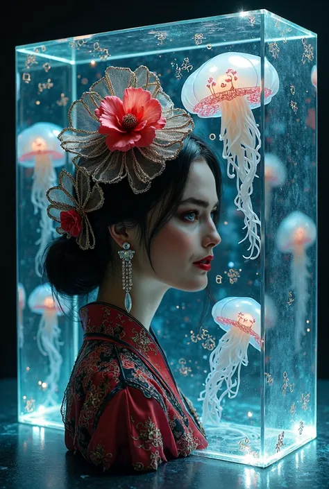 Photo,  Realistic , refraction of light, ((jellyfish illustration acrylic, built into table)), llngsh And 1920s geisha, Margot Robbie as Harley Quinn half hair pink half blue, kimono jellyfish look like they are swimming in Chinese letter panterns that SPe...