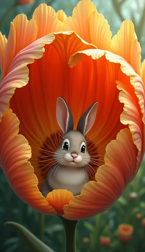 small rabbit under huge flower