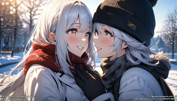 App Address ,  high res,  ultra high definition, HDR, masterpiece, Gojo Satora , pair,  Wearing a winter hat , scarf,  and winter gloves ,  wearing a white jacket ,  Im making a gesture of love,  smiling sweetly ,  Sunny weather at the park ., ((( high res...