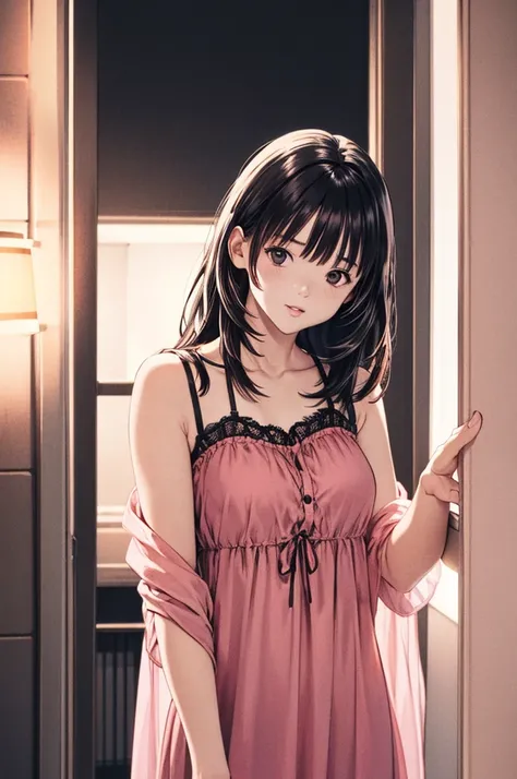 masterpiece, highres, highest quallity, illustration, ultra detailed, detailed face, detailed eyes, best quality, hyper detailed,(1girl,black long hair,black eyes),(sheer lacy nightgown),pink neon light,in the motel
