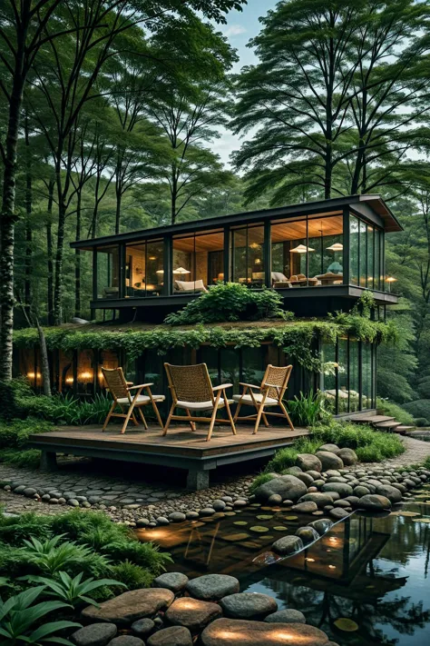 Raw photo,Masterpiece, high quality, best quality, authentic, super detail, exterior, outdoor, This image features a tranquil, natural setting with a modern cabin situated on a grassy hill overlooking a calm pond. The cabin has a rustic yet contemporary de...