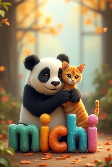 Image of a Panda with a cat that says the phrase michi with animated color letters on the front side