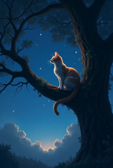 A cat 
 In a tree watching the starry night 
