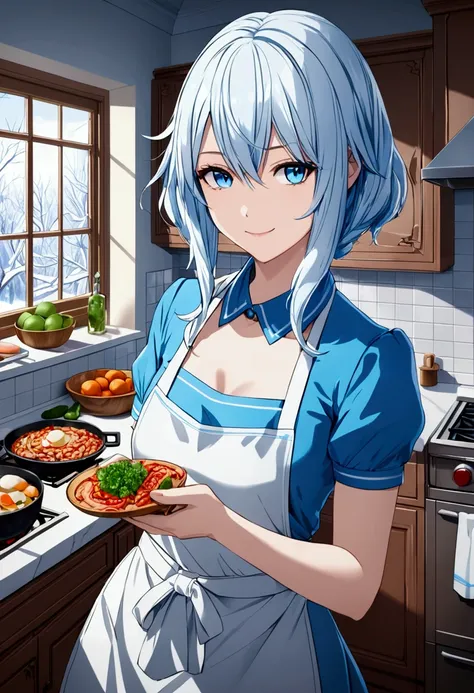 (extremely detailed CG unity 4k wallpaper),(masterpiece),(best quality),(ultra-detailed),(best illustration),(best shadow),(absurdres),(detailed background) Killer frost, smiling, kitchen, cooking, apron,