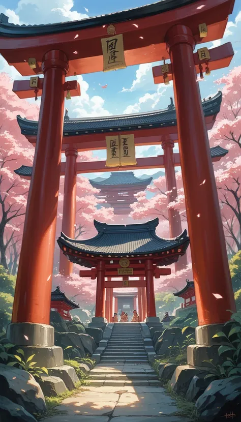 a dramatic scene of a torii gate in a traditional shrine, viewed from an aerial perspective, as people pass through the torii ga...