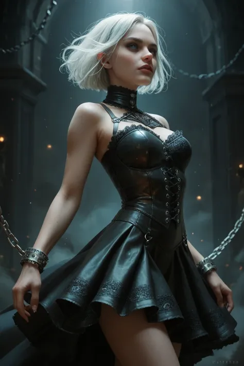 Gothic woman with deep, glowing light blue eyes with white bob style hair, arched back pose. Tight leather and lace bustier, with a ruffled skirt that reveals her legs, leather harnesses and chains, complemented with provocative steampunk bracelets and acc...