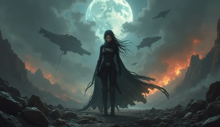 a powerful girl with a dark aura with glowing eyes and a crazy smile in black closed armor watches the ashes of the world, dusk and smoke everywhere, bones and skulls on the ground, a split planet and starships in the sky, a black aura flows around the fig...