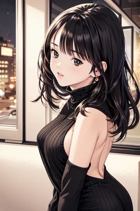 masterpiece, highres, highest quallity, illustration, ultra detailed, detailed face, detailed eyes, best quality, hyper detailed,(1girl,black long hair,black eyes),(turtleneck sweater dress,backless,sleeveless,revealing sideboobs),lean forward,Brush your h...