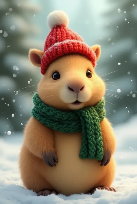 Cuddly capybara with Christmas hat and scarf