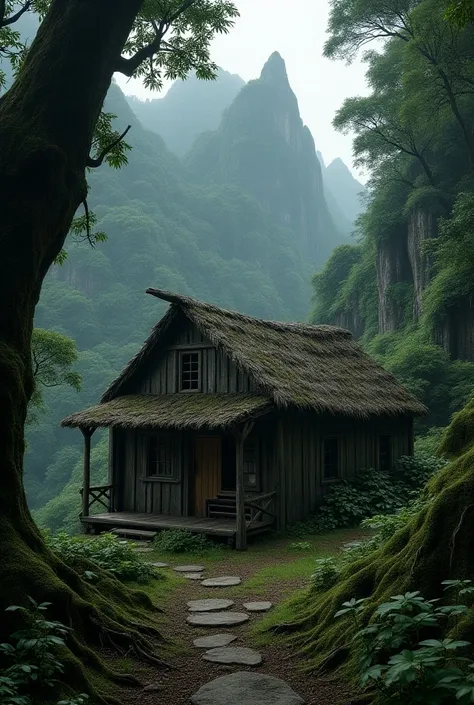  An old house made of wood and straw in a small island mountain forest　The background is dark　Realistic 3D-like image 