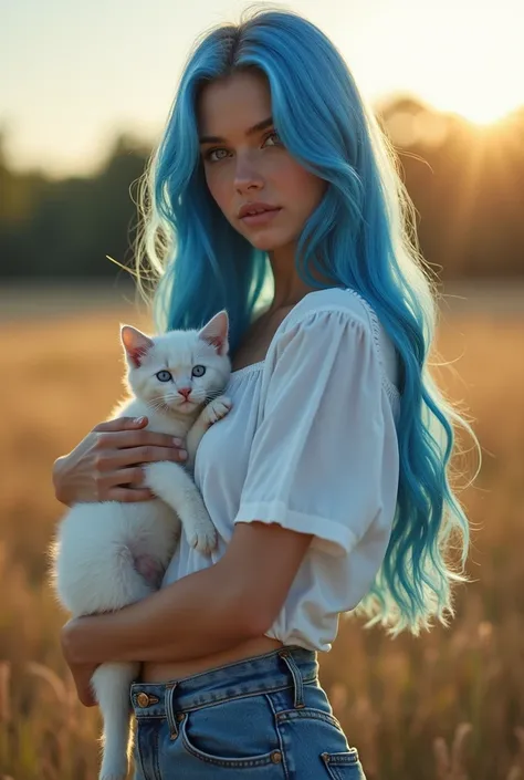 a beautiful 20 year old Russian woman, ((blue hair)) long straight hair ((blue)), blue eyes, ((((short blouse, well-fitted jeans and white boots))), realistic, photorealistic, 8k, ( best quality, 4k, 8k, high resolution, masterpiece: 1.2), ultra detailed, ...