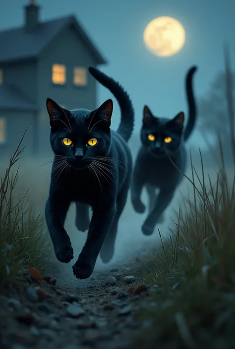 The two black cats escaped from their fight in the moonlight and ran towards the house