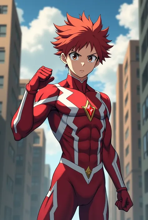 My Hero Academia Style , Anime Boy, male, young male ,Full Body Shot,(fighting stance:1.3),short hair, Red Hair,  Brown Eyes ,  small red jewel in the center of the chest,Hero Suit, Full Body Suit, red suit with white details, perfect anatomy, super detail...