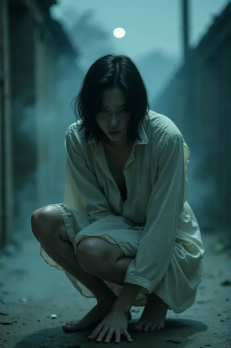 A handsome Korean man stands in an eerie crouching kayang position, his body unnaturally curved as he looks directly at the camera. Wearing a tattered white dress, her pale face looked sickly and sunken, with lifeless eyes that made goosebumps rise. His fr...