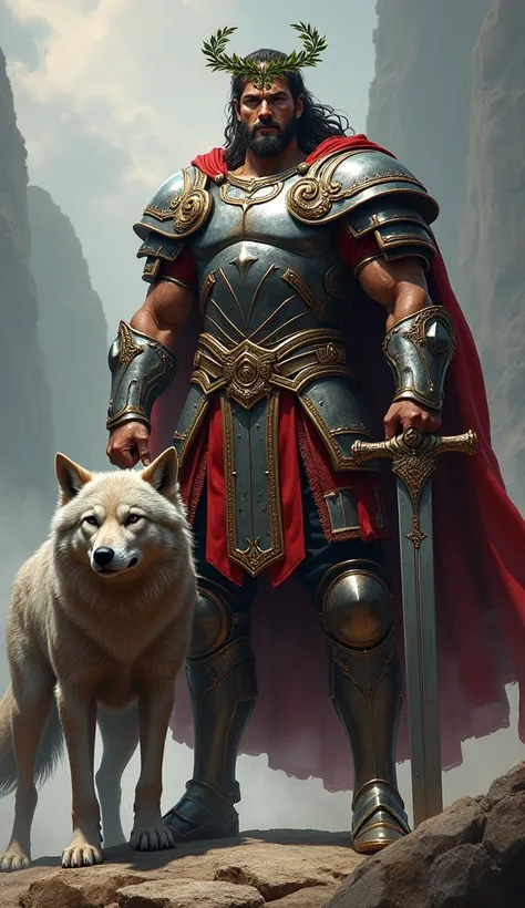 An imposing warrior, covered in shining armor and with a fierce expression. He wields a huge sword and has a laurel wreath on his head. At his side, a ferocious wolf, symbolizing loyalty and bravery.