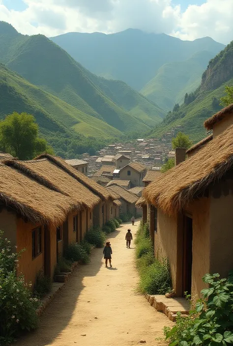 Little Andean town in the background houses of mud and straw