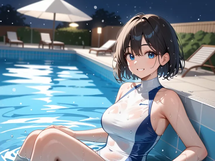 (Best quality), Night, ((Outdoor pool)), ((Water droplets)), (((Lots of water droplets floating)))), ((Heavy rain)))), Light fog, Alone, (((Full fingers)))), ((Light from the front)), ((High school girl sitting flat on the side of the pool)), ((Raindrops d...