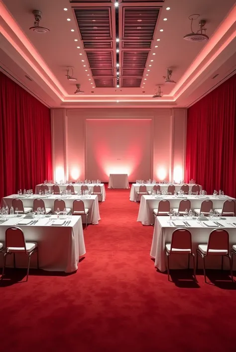 Create a decoration with this plan of a cardiology medical conference where lighting is taken into consideration are 10 support tables the stage in the center following that plan creates a decoration its color palette is white and red