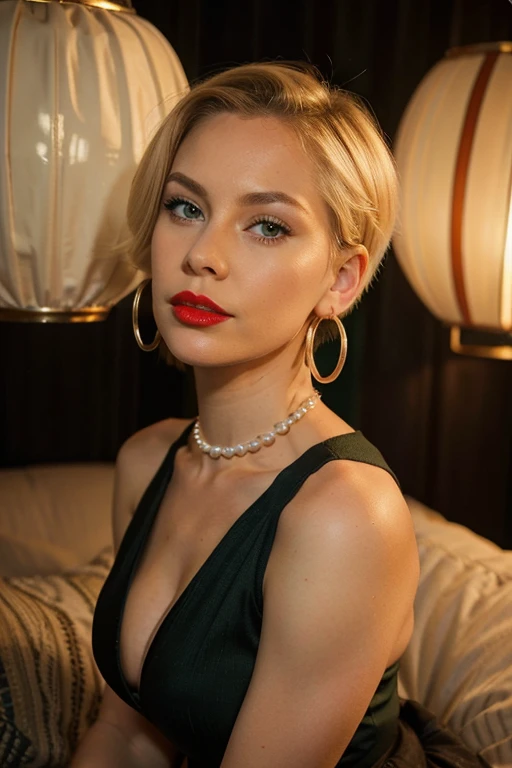 pearly blonde,  29 years old , green eyes, short hair, big mouth,  full lips ,  hoop earrings ,   intense red lipstick,  serious face, Black skirt,  full body side photo , round and perky butt 