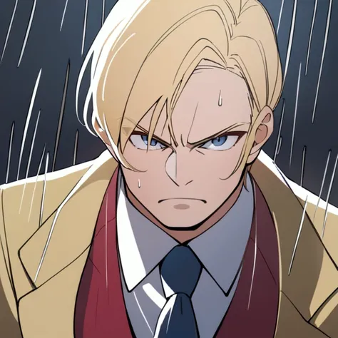 man, suit and tie, blue eyes, blonde hair, boca cerrada, Serious,  frown, rain, 