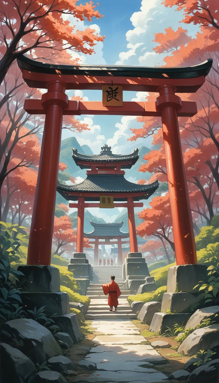 a dramatic scene of a torii gate at a traditional shrine capturing the moment as people pass through and transform into various ...