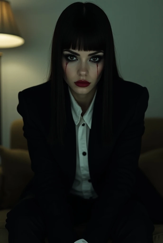  Best quality , masterpiece, , ,A Brazilian girl &#39:  white skin long straight black hair with fringe curtain beautiful hair like mine , dark brown eyes thin height 1 , 5m Tim Burton style Tim Burton makeup smoky black eye shadow lipstick dark red lips B...