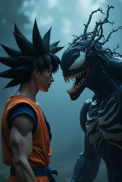 Imagine Goku and Venom standing face-to-face, locked in an intense stare-down. Goku is in his iconic orange gi, exuding a powerful, focused energy, with his blue or yellow aura faintly glowing around him. His muscles are tense, ready to spring into action....