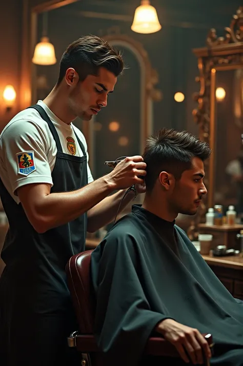 "Generate a hyper-realistic image of Cristiano Ronaldo, wearing his team football jersey, skillfully cutting a customers hair in a classic, vintage-style barbershop. The scene should capture fine details like the barber tools in his hands, the expressions ...