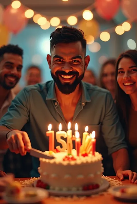 "Create a hyper-realistic image of Virat Kohli, wearing a casual yet stylish outfit, standing in front of a birthday cake at a celebration. The scene should depict a joyful atmosphere, with Kohli holding a knife, ready to cut the cake. The cake itself shou...