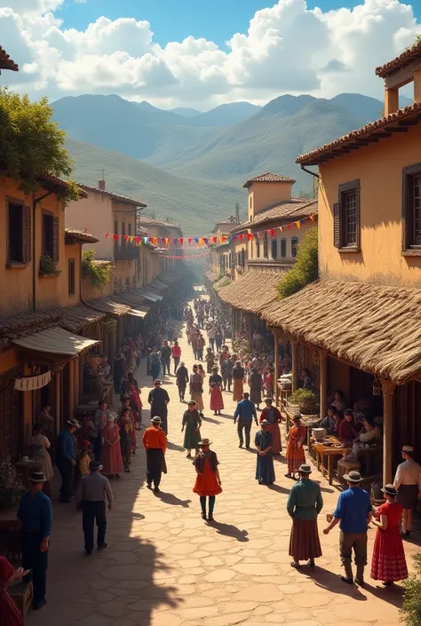 Little Andean town in the background of houses of clay and straw from the 10s that is focused from the central square on a party