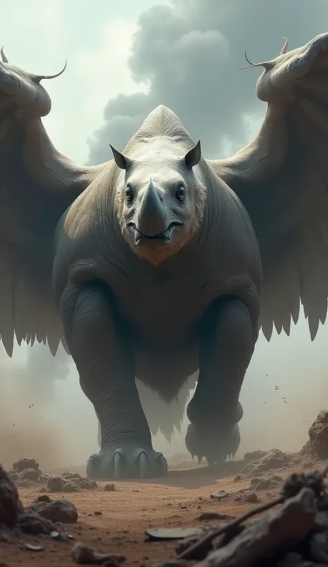 Please create an image of a fierce hybrid animal that combines features of a bald eagle, a puma, and a rhinoceros. The animal should have the body of a rhinoceros with rough, gray skin, the head of a bald eagle with its beak and white feathers, and the agi...