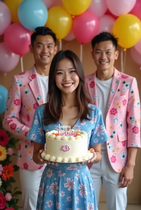 Hyperrealistic full HD 16k photos. a beautiful Indonesian woman, round face, straight hair, wearing a blue dress with floral motifs, standing smiling holding a birthday cake that says "HAPPY BIRTHDAY CNS 43", with 3 men standing smiling behind her holding ...