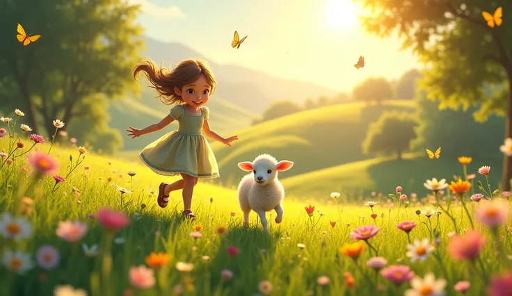 A vibrant, sunlit meadow filled with colorful wildflowers. Mary, a cheerful young girl in a simple dress, skips through the grass with her little lamb following closely behind. Birds chirp in the trees as butterflies flutter around.